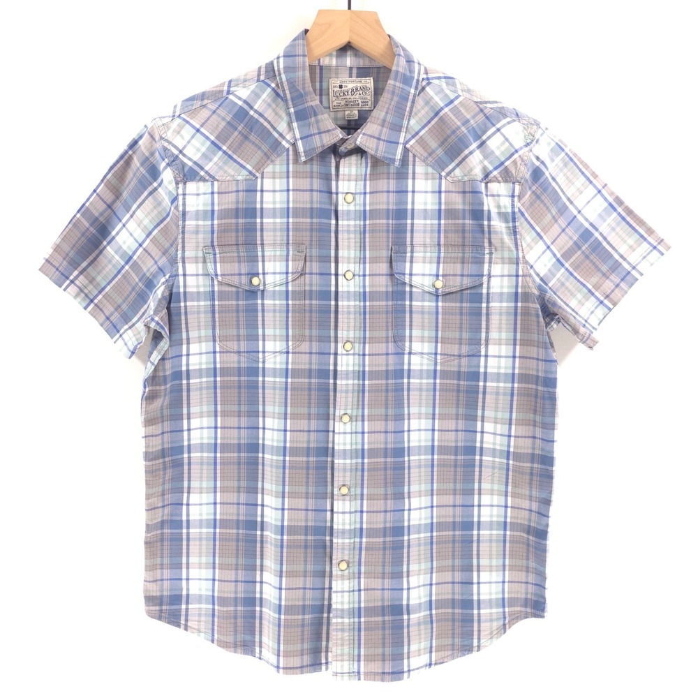 Lucky Brand Mens Shirt Western Pearl Snap M Blue Plaid Short Sleeve Cotton Blend
